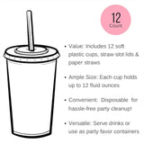 Monster Birthday Cups, Kids Birthday Party, Plastic Disposable Drink Cups, Slot Lids, Paper Straws, Set Of 12