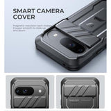 Black Pixel 9 rugged case with slide camera cover, screen protector & kickstand.