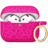 Hot Pink Engraved Leopard Case Compatible with AirPods 4th Generation Carving Cover with Keychain