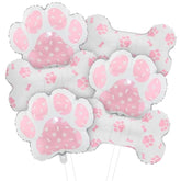 6 Pcs Pink Dog Paw & Bone Balloons for Pet-Themed Birthday & Baby Showers