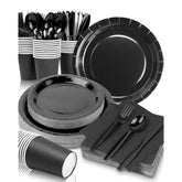 Black Party Supplies Set 224 Pieces Of Black Paper Plates, Cups, Napkins, And Heavy Duty Plastic Spoons Forks Knives For 32 Guests For Birthday, Graduation, Wedding, Festivals