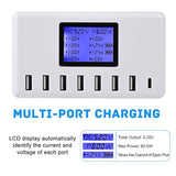 Usb Charger, 60W 12A 8-Port Usb Charging Station Multi Port Usb Hub Charger Compact Size Lcd Display Compatible With Iphone Ipad Samsung Kindle Tablet Bluetooth Earbuds And More