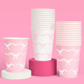 Pink Bow Paper Cups - 24 Disposable 14 Oz | Pastel Birthday Decorations, Tying The Knot Bridal, Girls Baby Shower, Tea Party Bachelorette, Coquette Decor