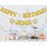 Happy Birthday Jesus Banner,Christmas Jesus Birthday Party Decorations,Merry Birthday Banner,Christmas New Year Holiday Party Decor Glitter Gold