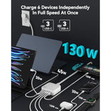 Usb C Charger Block, 130W 6 Ports Fast Wall Chargers, Charging Stations With Pd 45W, Dual Pd 20W, 3 Usb A, 3 Usb C, Qc, Pps, 6Ft Cord, Compatible With Iphone, Galaxy, Pixel, Macbook, Ipad Pro