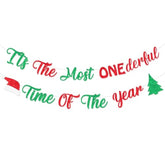 Christmas First 1St Birthday Decorations, It'S The Most Onederful Time Of The Year Banner Glitter, 1St Birthday Banner Red Green Xmas Winter Holiday Supplies For 1 Year Old Boys And Girls
