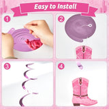 60Pcs Western Cowgirl Themed Party Hanging Swirls Pink Boot Hanging Swirls Decorations Western Cowgirl Boot Banner For Retro Baby Shower Cowboy Birthday Favors Supplies