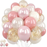 Pink And Gold Balloons, 50Pcs 12 Inch Retro Blush Pink Cream White Double Stuffed-Pink Metallic Gold Confetti Boho Ballon For Birthday Bridal Shower Wedding Party Decorations