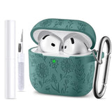 For Airpods 4 Case, Flower Engraved Case Compatible With Apple Airpods 4Th Generation Cases For Women, Cute Soft Silicone Full Protective Cases Cover With Cleaner Kit & Keychain, Pinegreen