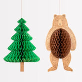 Meri Meri Outdoor Adventures Giant Hanging Decorations (Pack of 2), Outdoorsy Birthday Party Decorations, 3D Honeycomb, Easy To Assemble, Reusable, Bear Decoration - 32.5", Tree Decoration - 31"