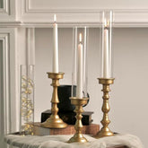 Hurricane Candle Holder For Centerpiece: Set Of 3 Gold Candlestick Holders With Glass Shade - Vintage Taper Candleholder For Christmas Dining Table Fireplace Mantle Decor