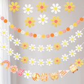 4 Pcs Groovy Party Decorations Garland Felt Ball Hippie Banner And Daisy Boho Garland Set With 6.5 Ft Pom Pom Banner Spring Party Supplies Retro Decor For Wall