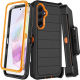 Samsung Galaxy A35 5G Heavy Duty Shockproof Case with Built-in Screen Protector and Belt Clip Holster, Black Orange