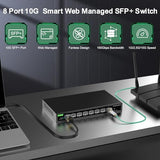 8 Port 10Gb Smart Web Managed Sfp+ Switch,10G Optical Easy Managed Sfp+ Ethernet Switch,Metal Fanless Home Lab Network Switch With Link Aggregation/Qos/Vlan/Dhcp Client, Black, Gt-Swtxg8Fm