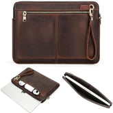 Top Grain Leather 14.2" Laptop Case Bag, Zip Pockets Design, Compatible With Macbook Air 13" M2 A2681 M1 A2337 A2179 A1932/Pro 13" M2 M1 A2338 A2251 A2289 A2159 A1989 A1706, Coffee 14.2 Inch