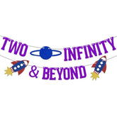 Two Infinity And Beyond Banner, Space Themed 2Nd Birthday Decorations, You'Ve Got A Friend In Me Banner, Light Year Toy Inspired Story 2 Years Old Party Supplies Purple Blue Glitter