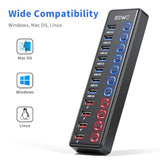 Powered Usb Hub, 11-Port Usb 3.0 Hub (7 Data Transfer Ports + 4 Smart Charging Ports) With Individual Led On/Off Switches, Usb Hub Powered With 12V/3A Power Adapter For Mac, Pc
