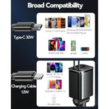 4-in-1 Retractable 66W Car Charger with 2 Cables for iPhone, Galaxy, Pixel