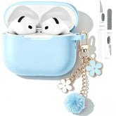 Soft Silicone Protective Case for Airpods 4 with Keychain and Cleaner Kit, Sky Blue Color with Pom Pom Flower Charms, Compatible with 2024 Airpods 4th Generation