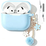 Soft Silicone Protective Case for Airpods 4 with Keychain and Cleaner Kit, Sky Blue Color with Pom Pom Flower Charms, Compatible with 2024 Airpods 4th Generation