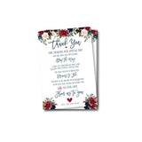 50 Navy Burgundy Floral Wedding Thank You Cards – Reception Table Place Setting Decorations – Elegant Guest Appreciation Cards For Weddings, Bridal Showers, Engagement Parties