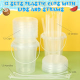 12 Sets 34 Oz Plastic Drink Buckets With Lid And Straws 6 Sheets Summer Stickers Clear Drink Cup Disposable Cocktail Rum Buckets Reusable Ice Cream Pails For Summer Beach Pool Party Favors