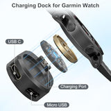 Charger Adapter For Garmin Watch, Portable Replacement Charging Cable Dock Stand For Garmin Watch (Black+Black)