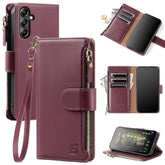 Compatible With Samsung Galaxy A14 5G Wallet Case With Card Holder,Women Men Rfid Blocking Pu Leather Flip Cover Wrist Strap Zipper Credit Card Slots,Phone Case For Galaxy A14 5G,Wine Red