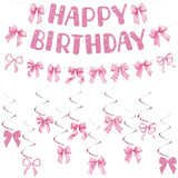 Bow Birthday Party Decorations, Pink Bow Happy Birthday Banner With Cute Bow Hanging Swirls, Bow Party Decorations For Women Girls Birthday Party Supplies