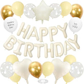 Light Yellow Gold Birthday Decorations For Men Women Kids,White Sand Cream Happy Birthday Banner Balloons Heart Star Foil Clear White Polka Dot Balloons For Baby Shower Party Decorations