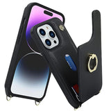 For Iphone 14 Pro Max Case With Card Holder For Women,Phone Case With Strap,Crossbody Lanyard,Ring Stand,Snap Clasp,Cute Wallet Cases 6.7" (Black)