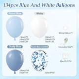 134pcs Blue & White Balloon Arch Kit with Dusty Blue Confetti for Parties