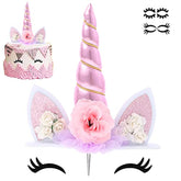 Unicorn Cake Topper Birthday Party Supplies Cute Handmade Cake Decoration Pink Unicorns Horn Cake Topper Decorations For Girls First Birthday Cake Accessories With Eyelashes, 5.8 Inch