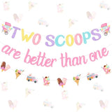 Ice Cream Twin First Birthday Decorations With Two Scoops Are Better Than One Banner And Garland, Summer Ice Cream Themed 1St 2Nd Birthday Party Supplies Pink For Girls