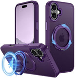 Strong Magnetic For Iphone 16 Plus Case With Stand,Fit For Magsafe,360°Rotatable Ring Designed,Translucent Matte Texture Protective Military Grade Shockproof,All Purple