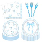 96Pcs Blue Bow Party Supplies Birthday Tableware Set Blue White Bowknot Party Plates And Napkins For Baby Boy Girl Bow Birthday Dinnerware Party Favors For 24 Guests