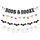 Boos and Booze Banner Funny Halloween Party Decorations with Ghost and Bat Design