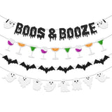 Boos and Booze Banner Funny Halloween Party Decorations with Ghost and Bat Design