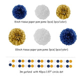 Navy Blue White Gold Party Decoration 23Pcs Kits-Paper Flowers,Banner Flags,Circle Banner,Tassel Garland Birthday Bachelorette Boy Baby Shower Gender Reveal Graduation Decorations