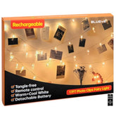 17Ft 100Leds Rechargeable Photo Clips String Light,Remote Control,3 Off Timer,Tangle-Free,Detachable Battery Operated Fa