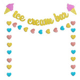 Gold Glittery Ice Cream Bar Sign Banner And Pink, Blue, Gold Heart Paper Garland For Birthday, Summer Theme Party, Baby Shower, Wedding Decorations - Cute Photo Prop