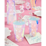 Iridescent Engagement Ring Plastic Cups | 16 Pcs 16 Oz | Bachelorette Drinkware, Diamond Decor, Bling Ring Party Supplies, Proposal Tablescape