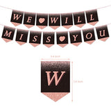 Rose Gold Farewell Party Decor "We Will Miss You" Banner, Swirls, Toppers & Balloons
