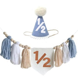 Blue Handmade 1/2 High Chair Banner With Cone Birthday Hat For Half Way To One Baby Boy 6 Months Half Birthday Decorations