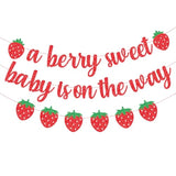 A Berry Sweet Baby Is On The Way Banner With Strawberry Garland, Berry Fruit Themed Baby Shower Gender Reveal Decorations, Summer Garland Photo Prop For Indoor Outdoor Welcome Baby Party Supplies