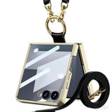 Compatible With Samsung Galaxy Z Flip 7 Case With Crossbody Strap Lanyard Ring Kickstand Pu Leather Cover Built In Small Screen Protector Full Coverage Phone Case(For Z Flip 7 2025 Black)