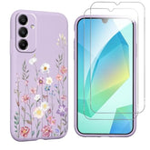 Flower Phone Case For Samsung Galaxy A16 5G 6,7'' With 2X Tempered Glass Screen Protectors, Floral Liquid Silicone Phone Cover Anti-Scratch Soft Protection Funda For Girls Women, Purple 03