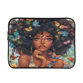 Black Woman Large Afro Colorful Butterflies Flowers Laptop Sleeve Bag Waterproof Protective Notebook Case, 13-13.3, 14 Inch