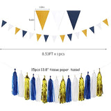 Navy Blue White Gold Party Decoration 23Pcs Kits-Paper Flowers,Banner Flags,Circle Banner,Tassel Garland Birthday Bachelorette Boy Baby Shower Gender Reveal Graduation Decorations