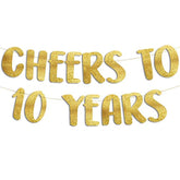 Cheers To 10 Years Gold Glitter Banner - 10Th Anniversary And Birthday Party Decorations